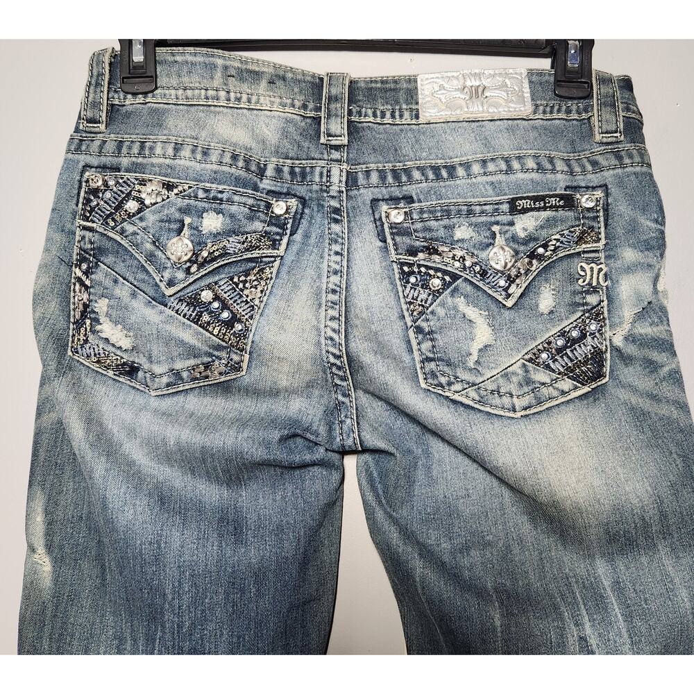 MISS ME Boot Cut Jeans Sz 28 Embellished Flap Pockets Rinestones Distressed